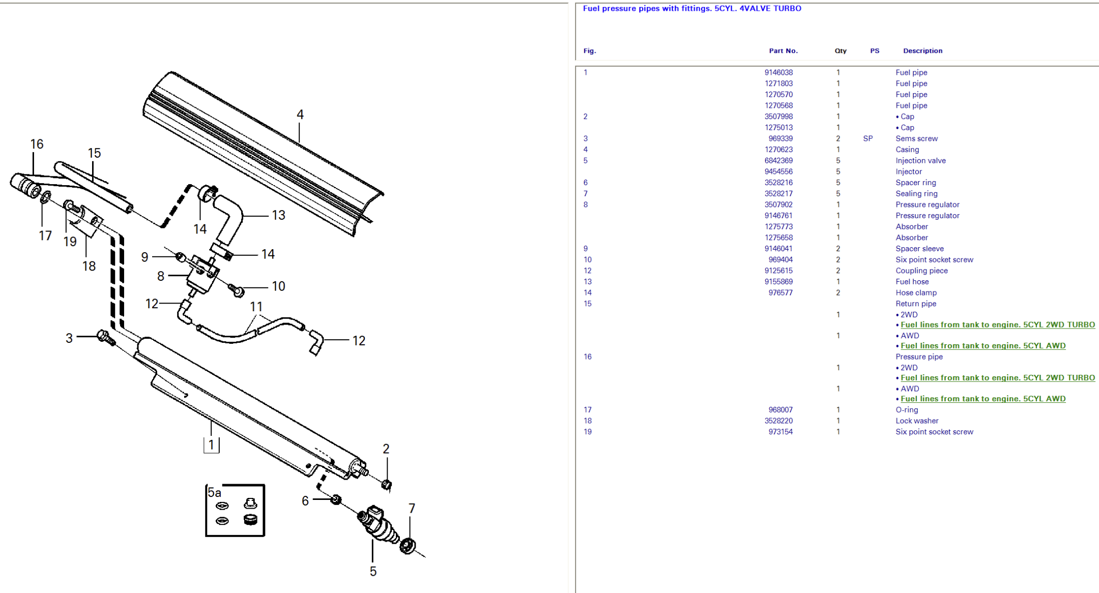 Volvo 850 fuel pressure rail exploded parts view