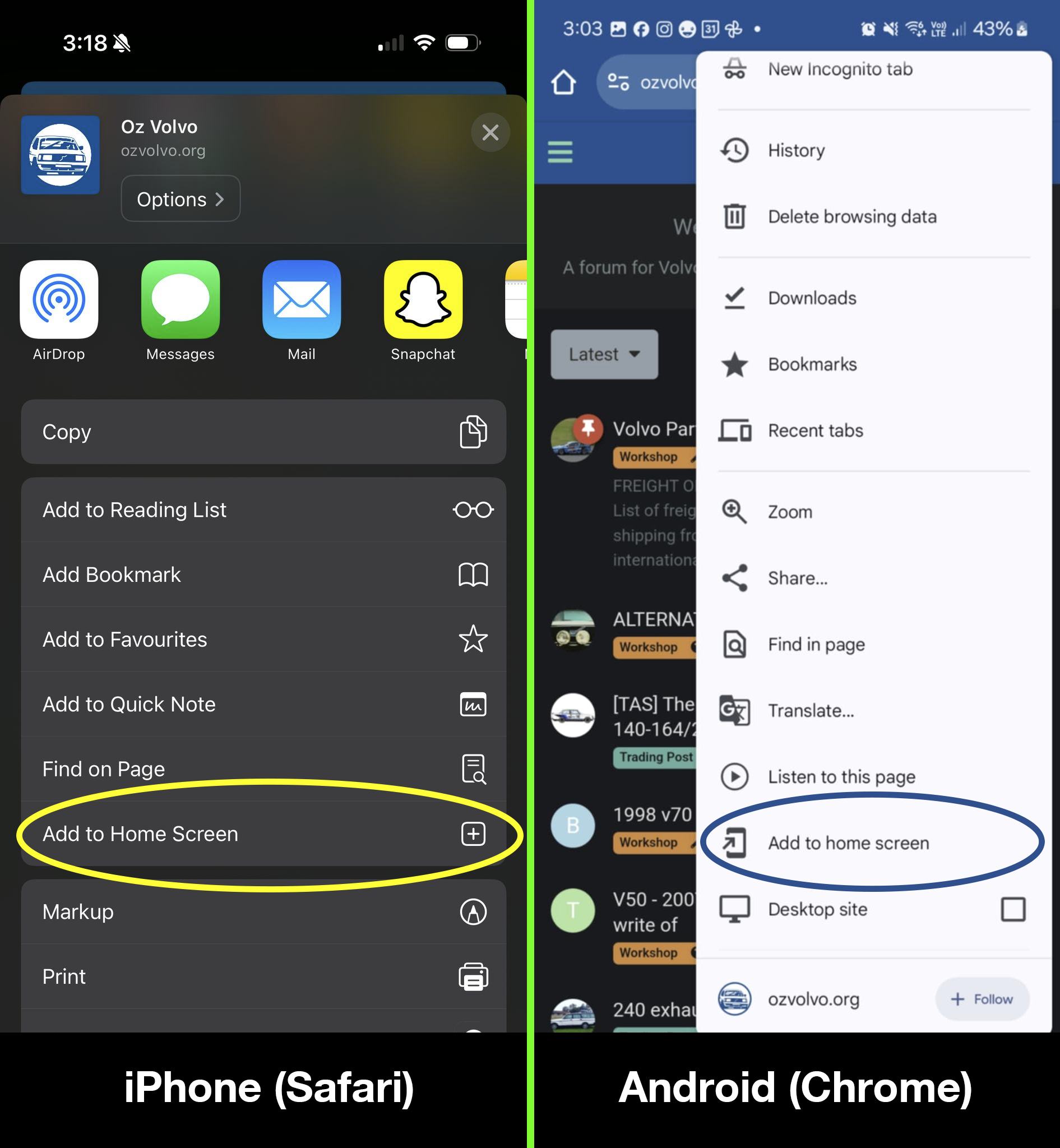 Add to home screen menus on devices