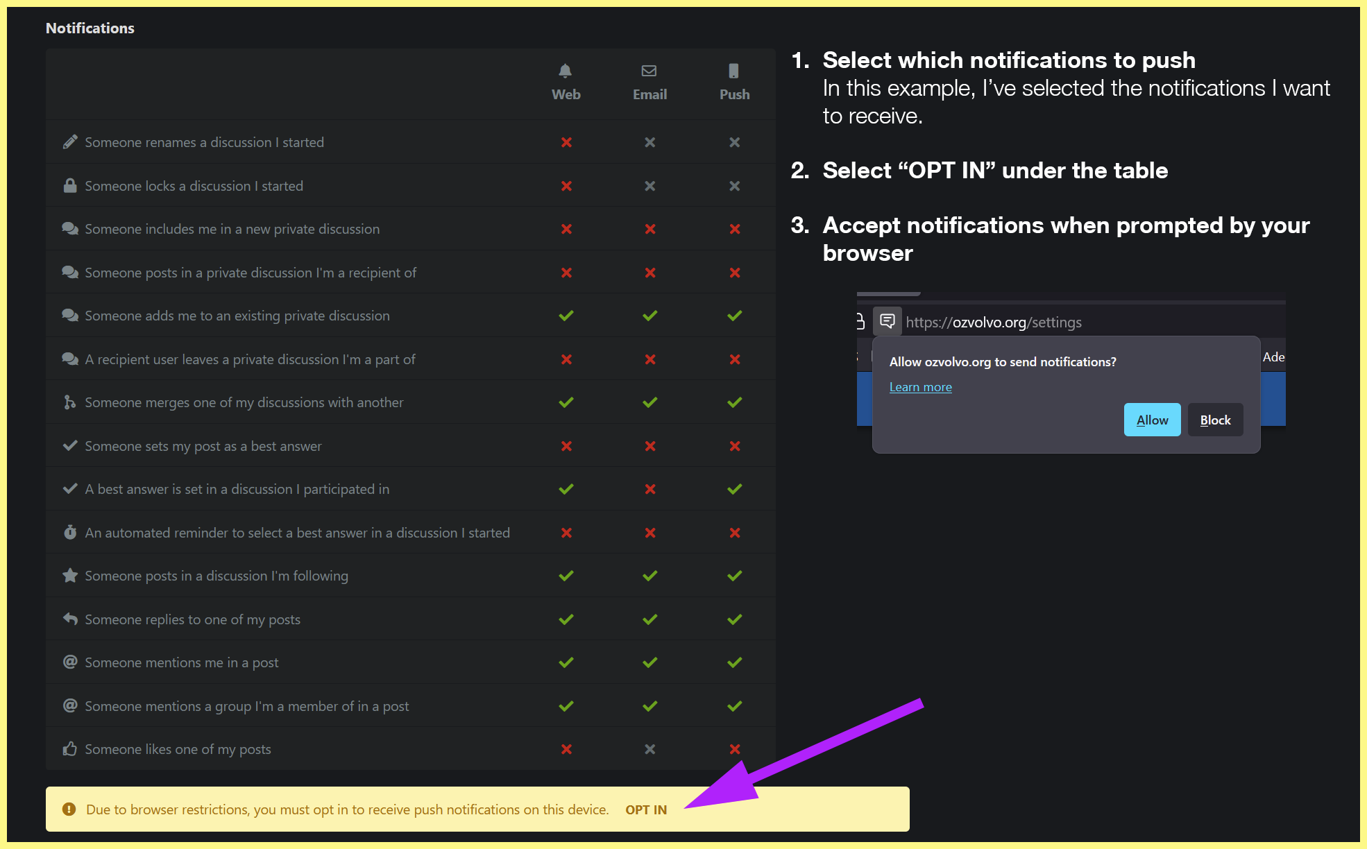 Push notifications preferences UI